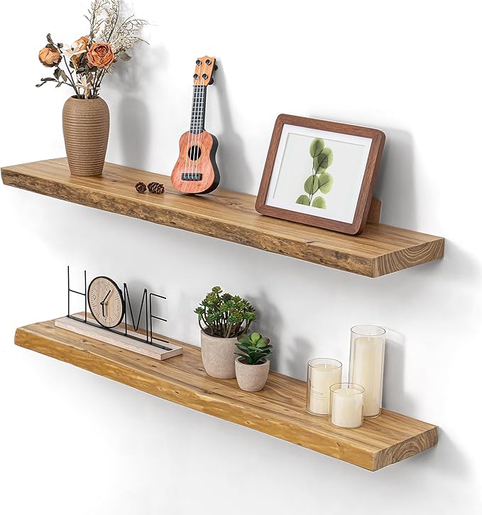 Dreamland Wood Floating Shelves 36 Inch Long, Rustic Solid Elm Wood Live Edge Shelves for Home Decor, 8 Inch Deep Wall Shelf for Living Room Bathroom Bedroom Kitchen, Natural Color, Set of 2