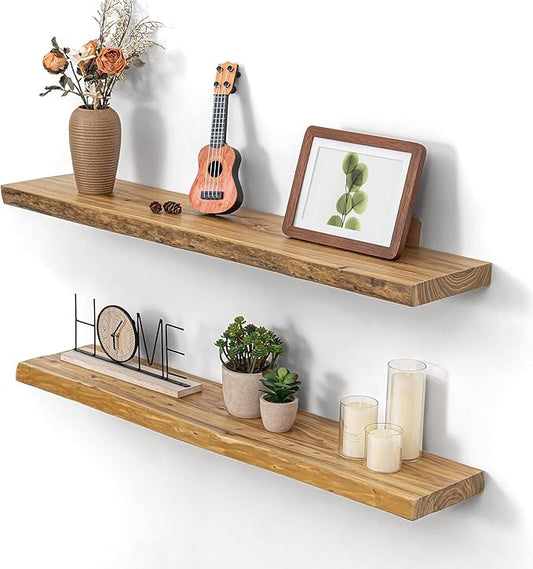 Dreamland Wood Floating Shelves 36 Inch Long, Rustic Solid Elm Wood Live Edge Shelves for Home Decor, 8 Inch Deep Wall Shelf for Living Room Bathroom Bedroom Kitchen, Natural Color, Set of 2