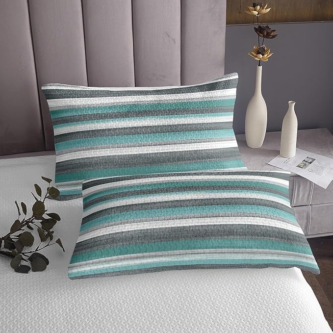 Erosebridal Grey White Teal Queen Quilt Set Abstract Art Coverlet Set, Geometric Stripe Bedding Set Grunge Aesthetic Bedspread Set, Boho Hippie Modern Bed Quilt 3pcs with 2 Pillow Case