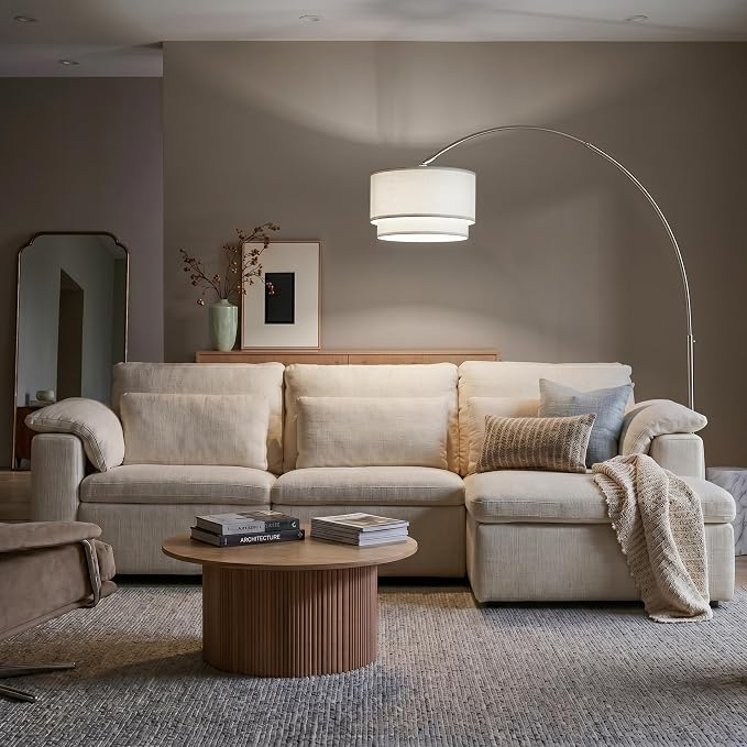 Brightech Mason Arc Floor Lamp - Modern Corner Standing Lamp with Unique Hanging Drum Lamp Shade for Living Room - Bright Overhead, Curved Hanging Light for Bedroom. Library, Den - Nickel