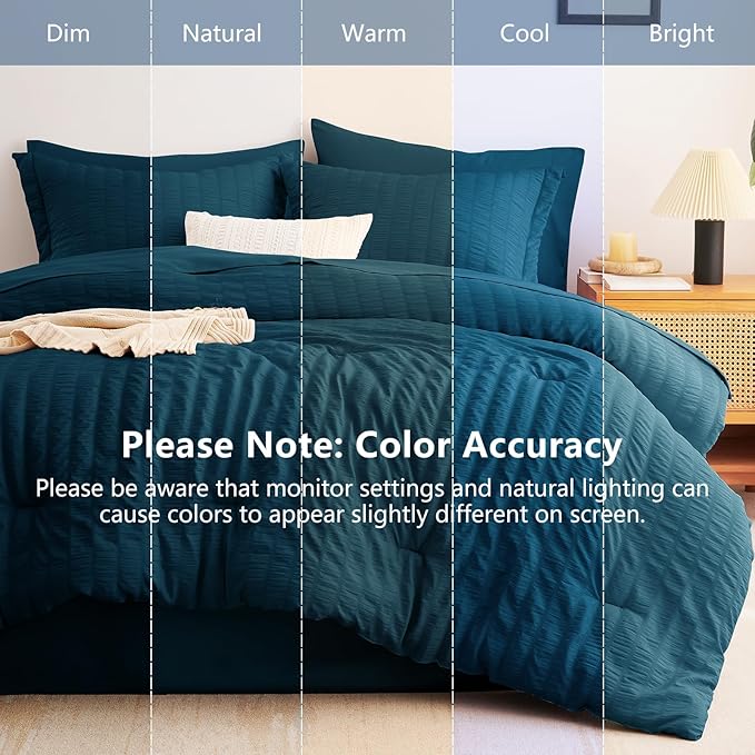 CozyLux Full Size Comforter Sets Lyons Blue, 7 Pieces Seersucker Textured Luxury Bed in a Bag, All Seasons Soft Bedding Sets with Down Alternative Comforter, Sheets, Pillowcases & Shams, Home Gift
