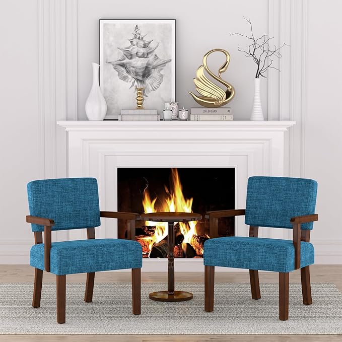 Accent Chair,Armchairs with Solid Wood Frame and Legs,Upholstered Reading Leisure Chair for Bedroom,Office,Waiting Room (Linen, Blue, One Chair)