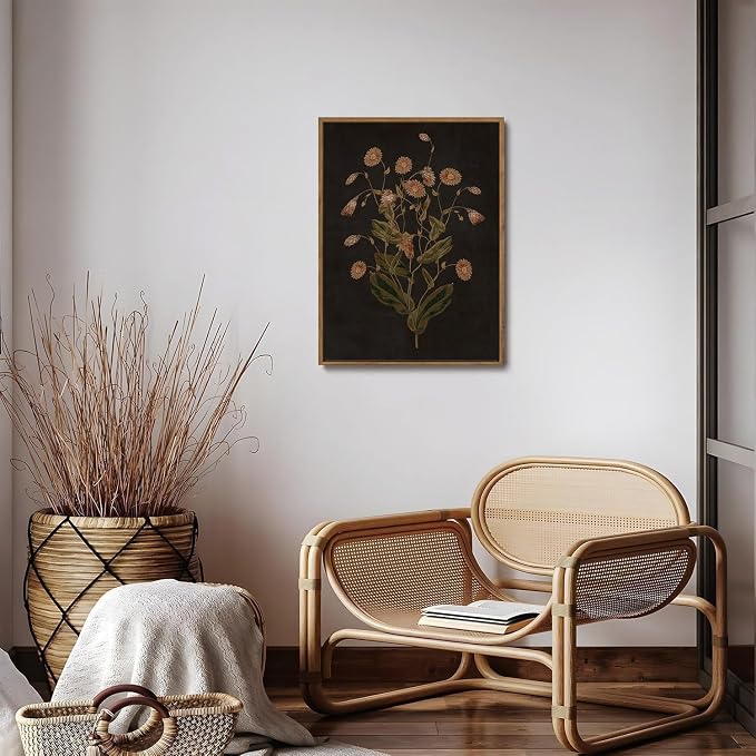 WALLZK Vintage Framed Wall Art Botanical Canvas Prints Painting Dark Moody Floral Wall Decor Retro Wildflower Pictures Artwork for Walls Living Room Bedroom Bathroom 16"x24"