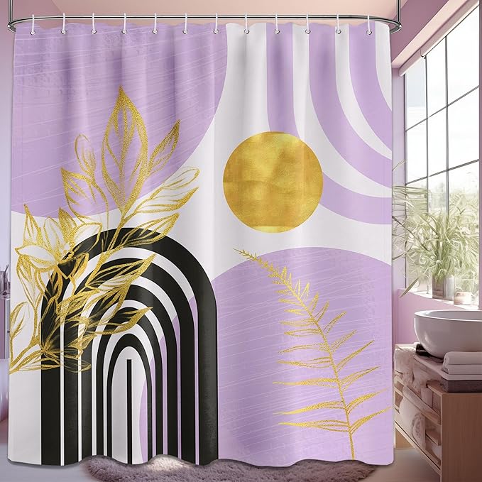 Mid Century Modern Black and Purple Shower Curtain Boho Lavender Light Purple and Gold Shower Curtains for Girls Bathroom Decor Sets, Waterproof Cloth Fabric with Hooks, 70x96in