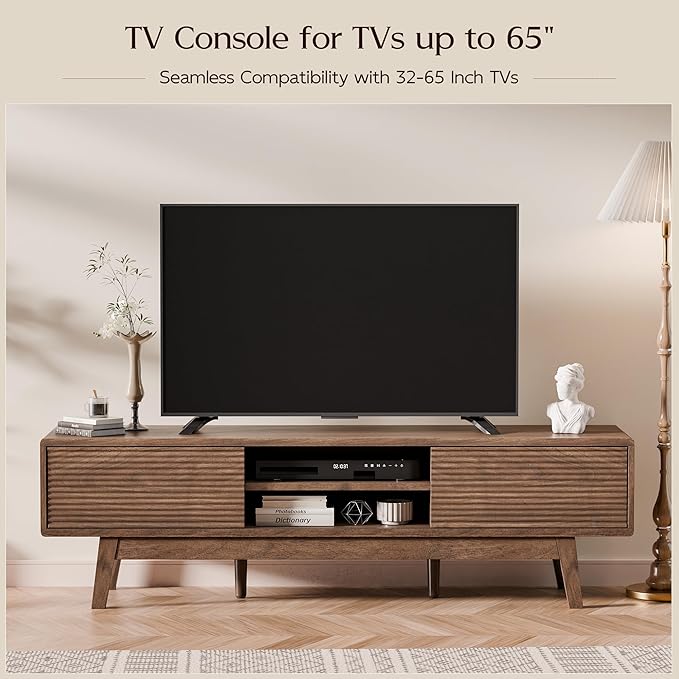 TOLEAD 59" TV Stand, Mid Century Modern Television Stand for 43/55/65 inch TV, Low Profile TV Console with Fluted Sliding Doors, Boho Light Wood Credenza for Living Room, Walnut
