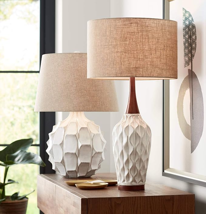 360 Lighting Rocco Mid Century Modern Table Lamp 30" Tall White Wave Geometric Ceramic Oak Wooden Neck Tan Fabric Drum Shade for Cottage Core Living Room Bedroom House Bedside Nightstand Home Office