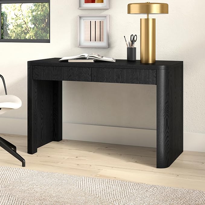Henn&Hart 48" Fluted Modern Rectangular Home Office Desk Ribbed Computer Desk Writing Table with 2 Storage Drawers for Home Office, Natural Black