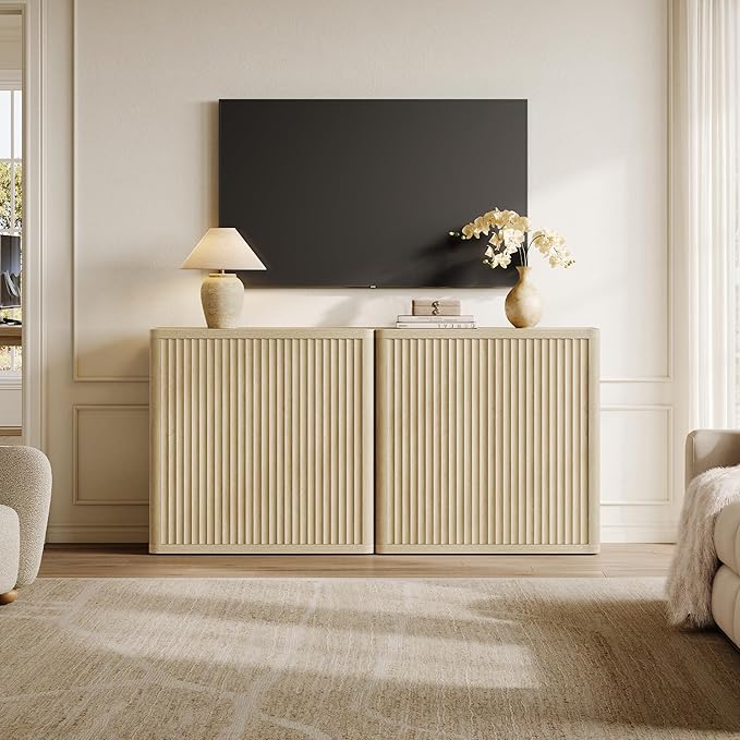 SICOTAS Buffet Cabinet with Storage Sideboard Accent Modern Credenza with Doors & Shelves Fluted 103.8" Tall Media Console Mid Century Coffee Bar Table for Living Room Kitchen Dining Room Hallway