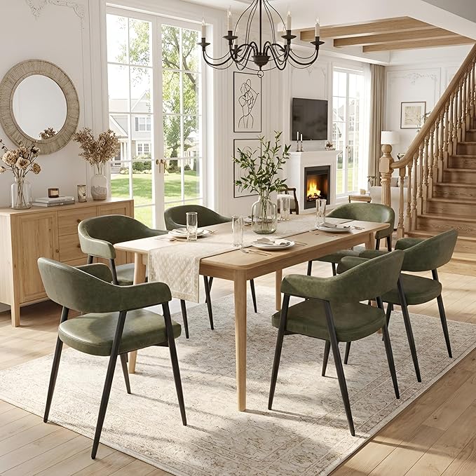 HNY Modern Dining Room Arm Chairs Set of 4, Green Retro Faux Leather Upholstered Barrel Dining Chairs with Arms Mid-Century Accent Chair with Metal Legs, Open-Back Kitchen Side Chairs for Living Room