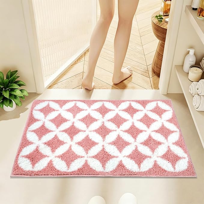 Civkor Pink and White Bathroom Rug Non Slip Washable, Cute Bath Mat for Bathroom with TPR Backing, Quick Dry Fluffy Microfiber Piles, Super Water Absorbent Thin Bath Rug Fit Under Door, 31x20Inch