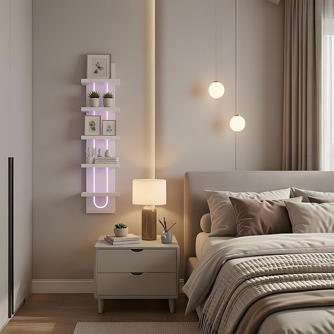 VIWODS 5 Tier Wall Shelf Unit with Light-Small Floating Shelves for Home Decor, Modern Unique Asymmetric Design for Bedroom & Living Room Storage