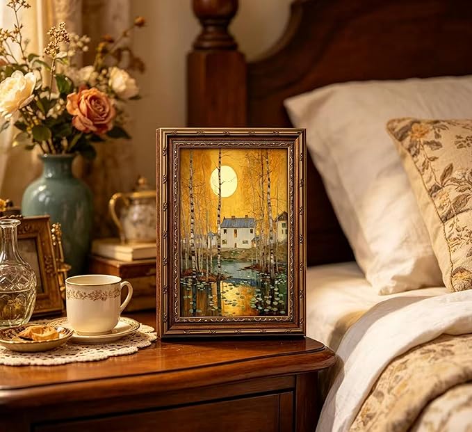 Vintage Gold Framed Minimalist Moon Canvas Wall Art，Retro Celestial Neutral Tone Textured Poster Artwork，Warm Tone Bohemian Wall Decor，for Bedroom Living Room Office，9x11in