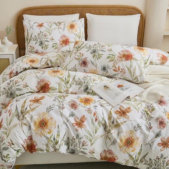 100% Cotton Duvet Cover King Size – Elegant Natural Yellow Floral Duvet Cover Set with Zipper Closure, 3-Piece Soft Breathable Durable Percale Cotton Bedding Set for All Seasons