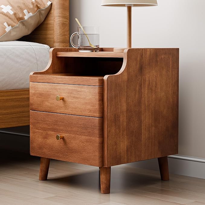 Solid Wood Nightstand Set of 2, Pre-Assembled, 19.7”H Mid Century Modern Night Stand with Drawers, Open Sliding Shelf, Small Bedside Table for Bedroom, End Side Table, Walnut