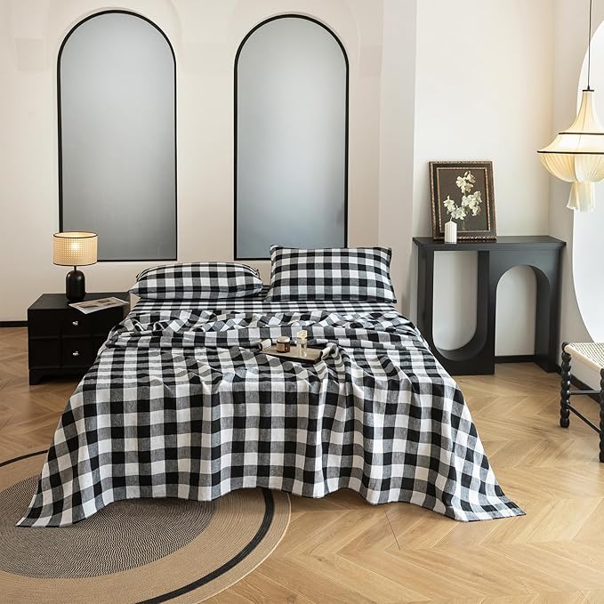 EVERLY Linen Sheets Set Twin Size,100% French Stonewash Pure Linen Sheets Set,4Pieces (1Flat Sheet,1Fitted Sheet,2Pillowcase) Suitable for Hot Sleepers,Deep Pocket Natural Bedding Set-Black Plaid