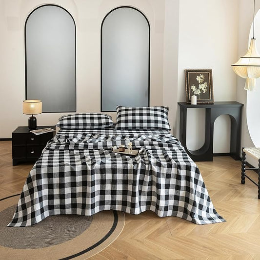 EVERLY Linen Sheets Set Twin Size,100% French Stonewash Pure Linen Sheets Set,4Pieces (1Flat Sheet,1Fitted Sheet,2Pillowcase) Suitable for Hot Sleepers,Deep Pocket Natural Bedding Set-Black Plaid