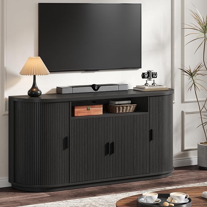63" Sideboard Buffet Cabinet with Storage, Modern Fluted Accent Credenza with Sliding Doors, Drawers and Adjustable Shelves, Wood Coffee Bar Console Table for Kitchen, Living Room, Enrtyway (Black)