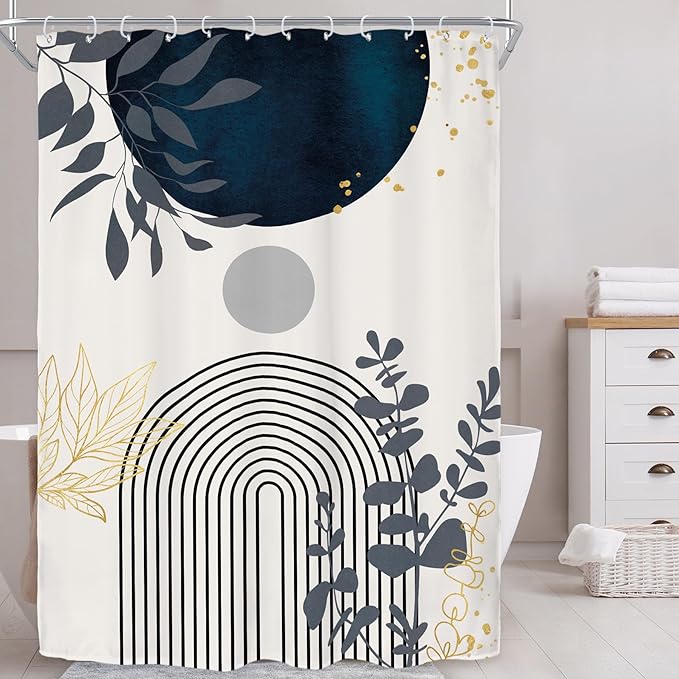 Riyidecor Extra Wide Boho Navy Blue Shower Curtain for Bathroom Decor 54Wx78H Short Plants Abstract Boho Modern Mid Century Art Printed Fabric Polyester Waterproof 12 Pack Plastic Hooks
