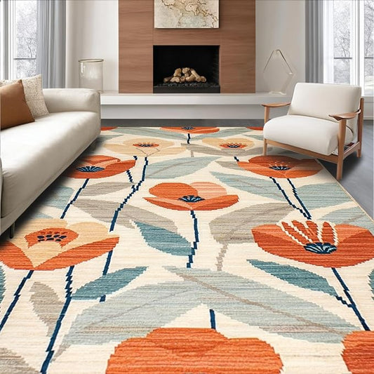 Flatwoven High Traffic Area Rug 8x10, Eclectic Boho with Abstract Floral and, Non Slip, Stain Resistant, Washable Area Rugs for Living Room, Bedroom (Orange, 8x10)