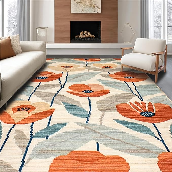 Flatwoven High Traffic Area Rug 4x6, Eclectic Boho with Abstract Floral and, Non Slip, Stain Resistant, Washable Area Rugs for Living Room, Bedroom (Orange, 4x6)