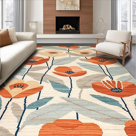 Flatwoven High Traffic Area Rug 4x6, Eclectic Boho with Abstract Floral and, Non Slip, Stain Resistant, Washable Area Rugs for Living Room, Bedroom (Orange, 4x6)