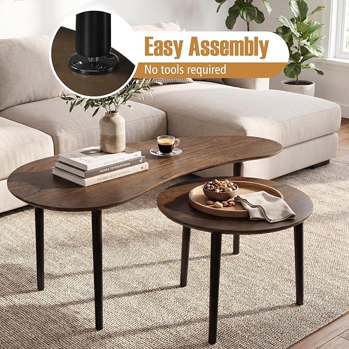 Giantex Nesting Tables Set of 2, Mid Century Modern Coffee Tables with Solid Wood Support Legs, Wood Side End Tables in Kidney & Round Shape for Living Room, Easy Assembly, Walnut