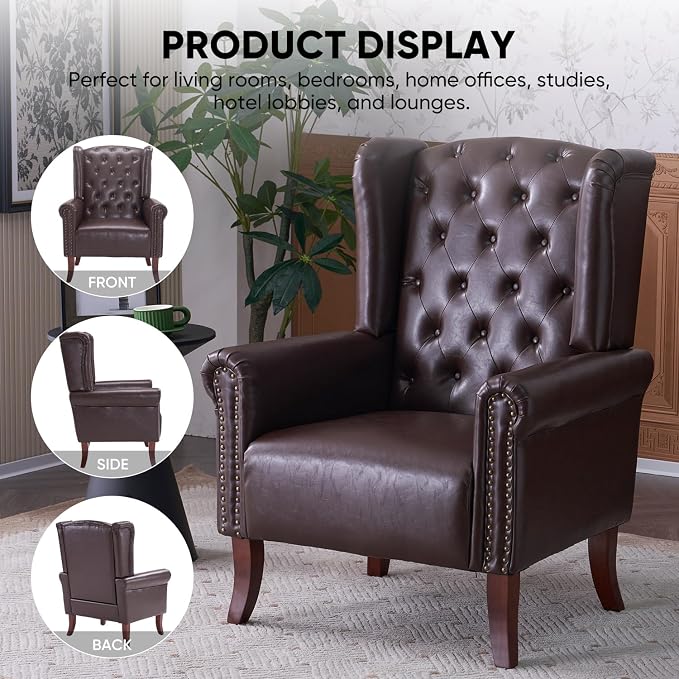 MOJAY PU Leather Accent Chair, Mid-Century Living Room Sofa Chair, Upholstered Arm Chair with Sturdy Wooden Legs, Faux Leather Club Chair for Bedroom Study Home Office Reception (Caramel)