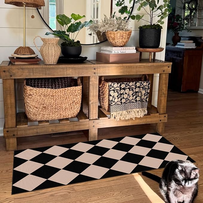 Front Door Mat Indoor Entrance - 2x4.3 Ft Black Tan Non-Slip Washable Outdoor Porch Rug Doormats Geometric Checkered Diamond Layered Rug for Front Door Kitchen Hallway Bedroom Laundry Room