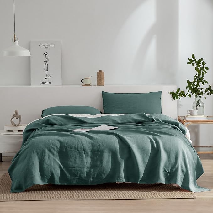EVERLY Linen Sheets Set Twin Size,100% French Stonewash Pure Linen Sheets Set,3Pieces (1Flat Sheet,1Fitted Sheet,1Pillowcase) Suitable for Hot Sleepers,Deep Pocket Bedding Set-Aqua