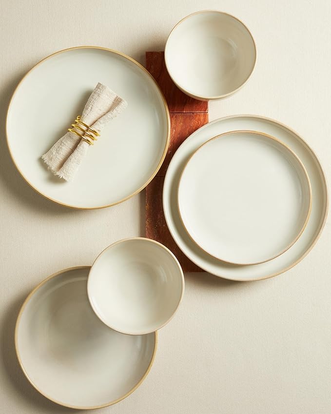 16 Piece Double Bowl Dinnerware Sets with Pasta Bowls, Highly Chip and Crack Resistant Plates and Bowls Sets, Natural Earthyware Ceramic Dishware Sets, Service for 4 Yellow White