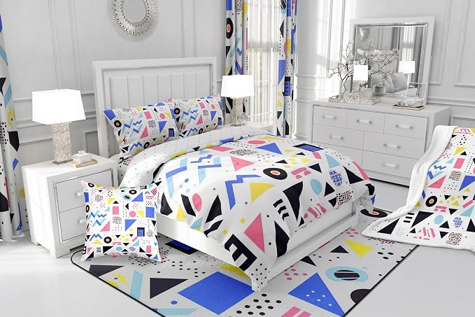 Memphis Geometric Pattern Comforter Cover Set King Size,Retro Style Round Half Moon Triangle Shapes Artwork Duvet Cover Colorful Graphic 80s 90S Style Bedding Set Abstract 1990S Memphis Home Decor