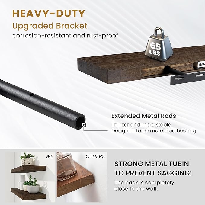 RICHFOCUS Rustic Wooden Floating Shelves for Wall - 48 Inch Wood Shelves Set of 2-7.9 Inch Deep Solid Paulownia Wood Wall Mounted Shelves with Upgraded Metal Brackets for Room Decor, Walnut