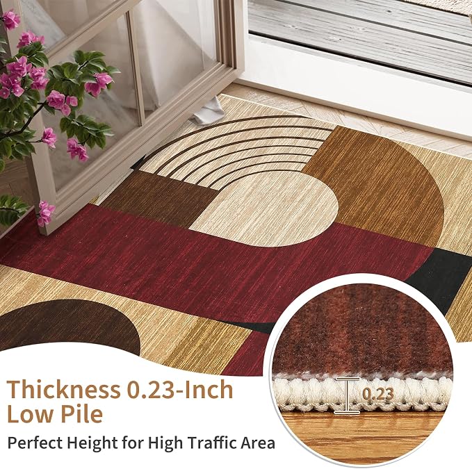 2x8 Runner Rugs, Boho Geometric Print Washable Hallway Runner Long Entryway Rug Soft Low Pile Non-Slip Kitchen Rug Runners for Bedroom Laundry, Burgundy/Brown Multi, 2'x8'