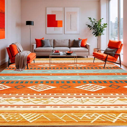 Flatwoven High Traffic Area Rug 6x9, Boho Abstract, Non Slip, Stain Resistant, Washable Area Rugs for Living Room, Bedroom (Orange, 6x9)
