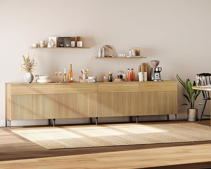 WAMPAT 126" W Large Sideboard Buffet Cabinet with Storage,4 in 1 Fluted Sideboard Buffet with 8 Doors, Wooden Buffet Table, Coffee Bar Wine Bar Cabinet for Kitchen, Dining Room, Living Room, Oak
