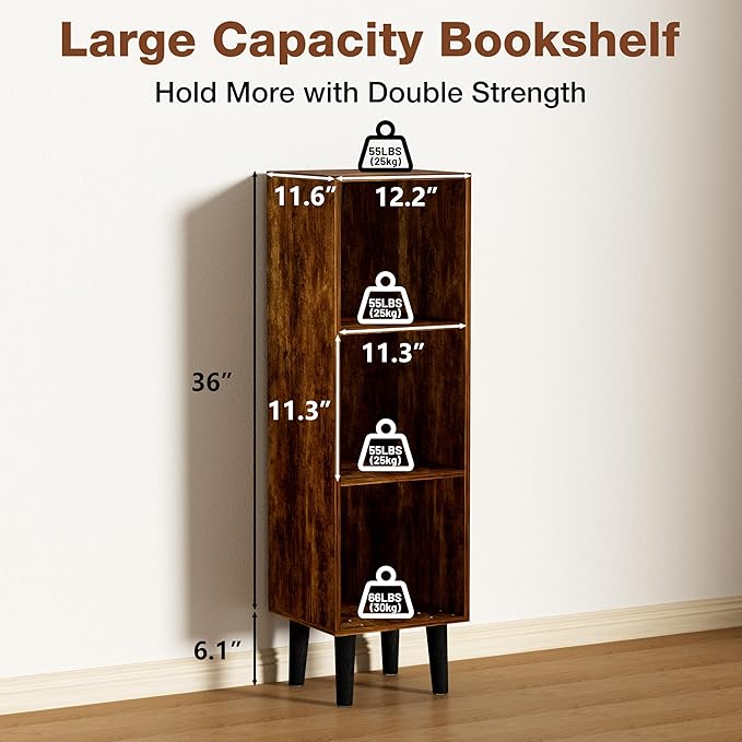 3 Cube Bookcase, Wooden Book Shelf Cube Storage Organizer with Legs, 3 Tier Bookshelf Freestanding Open Shelves for Bedroom, Living Room, Home Office (Brown, 3 Cube)