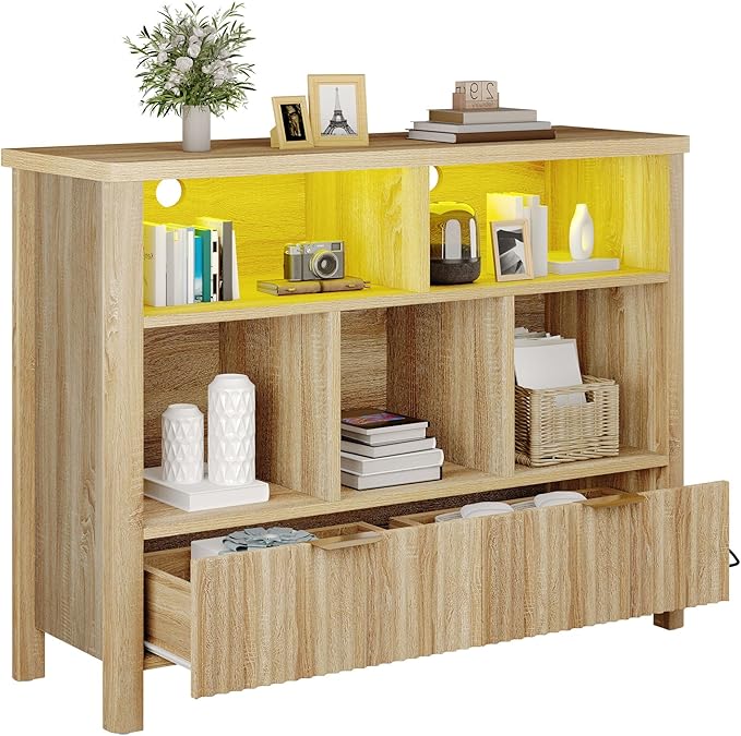 YITAHOME Bookcase with Drawers, Fluted Wood Cubby Storage Organizer Shelf Cube Bookshelf with Adjustable LED Lighting, Modern Horizontal Bookshelf for Living Room, Office, Entryway, Oak