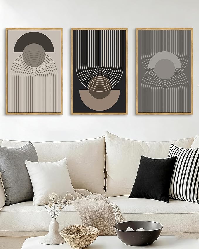 Boho Vintage Line Wall Art Framed Mid Century Bohemain Wall Decor Abstract Modern Artwork Home Office Living Room Prints Ready to Hang 16x24in Natural Framed