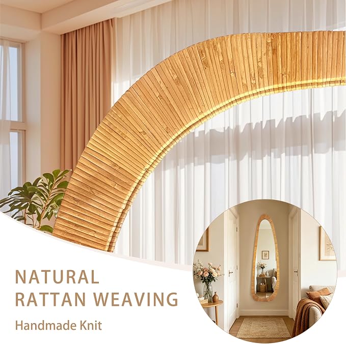 BAODANFU Irregular Natural Rattan Mirror, 18×53 Inch Full Length Wall Mirror, 4-Way Handwoven Decorative Asymmetrical Mirrors, Boho Rustic Decor for Entryway Bedroom Living Room Home