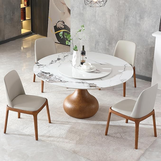 Marble Dining Table, 59" Round Sintered Stone Table for Dining Room, Kitchen, Dinette, Compact Space with Lazy Susan for 4-8 Only Table
