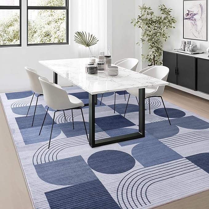 Large Machine Washable 9x12 Area Rug, Soft Modern Geometric Abstract Blue Rugs for Bedroom Living Room, Non-Shedding Faux Wool Indoor Throw Floor Carpet for Office Entryway Dining Room Decor