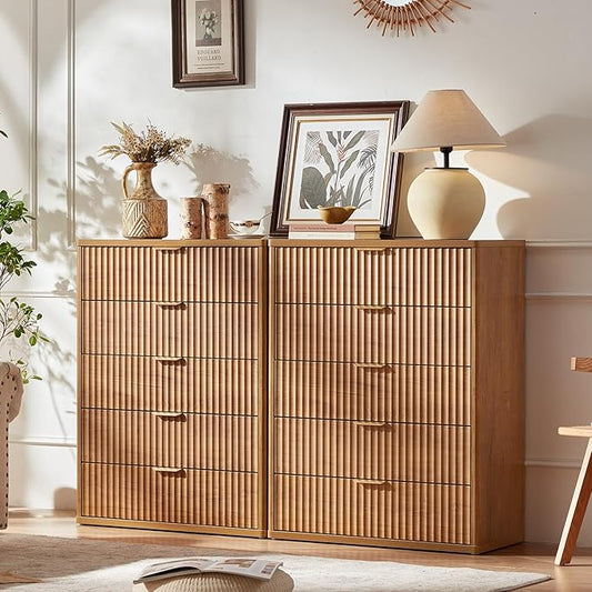 LEYAOYAO Fluted 5 Drawers Dresser Set of 2, 41" Tall Modern Chest of Drawers with Metal Handle, Curved Profile Dresser TV Stand, Wooden Drawer Organizer for Bedroom, Living Room, Hallway, Brown