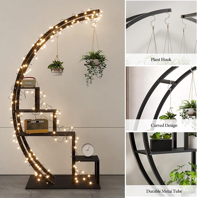 GarveeLife Plant Stand Indoor 5 Tier Tall, Metal Half Moon Plant Shelf 2 Pack, Stylish Tiered Flower Rack for Multiple Plants Display, Tall and Space-Saving Design