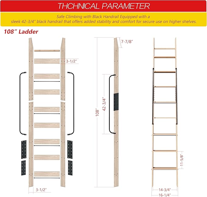 108in Attic Rolling Library Ladder, 9 Step Wooden Ladder with,Loft Ladder Bookshelf,Wall Stairs Red Oak Stair Platform Bunkbed Ladder,for Home Kitchen,Warehouses,Bookstore,DIY Stain