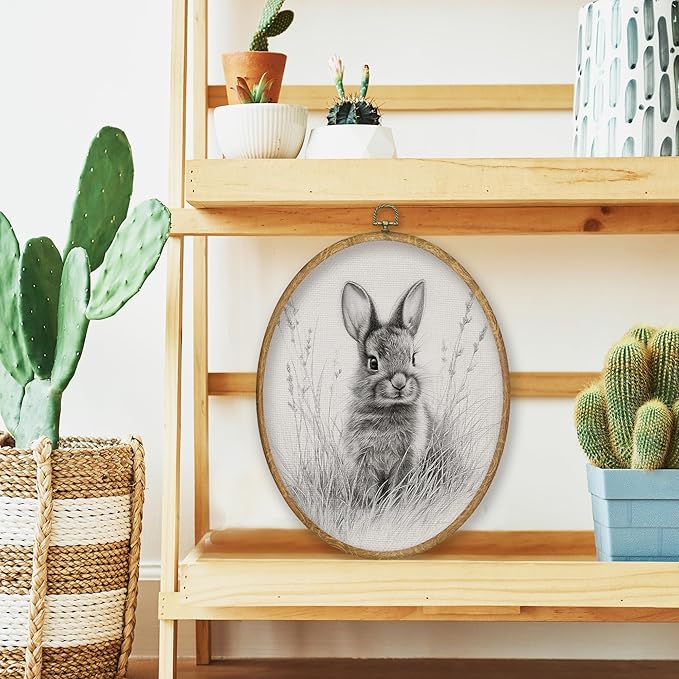 CGBHW Easter Bunny Oval Wall Art Decor, Rustic Farmhouse Bunny Canvas Prints Framed, Neutral Cottagecore Easter Sketch Rabbit Wall Art Hanging Decor for Home Kitchen Bedroom Living Room, 8.6x11.4 Inch