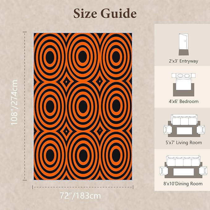 Retro Rings Area Rug 6x9, Optical Geometric Circle Rug, Bold Retro Pattern Carpet for Living Room Bedroom, Non Slip Soft Area Rug