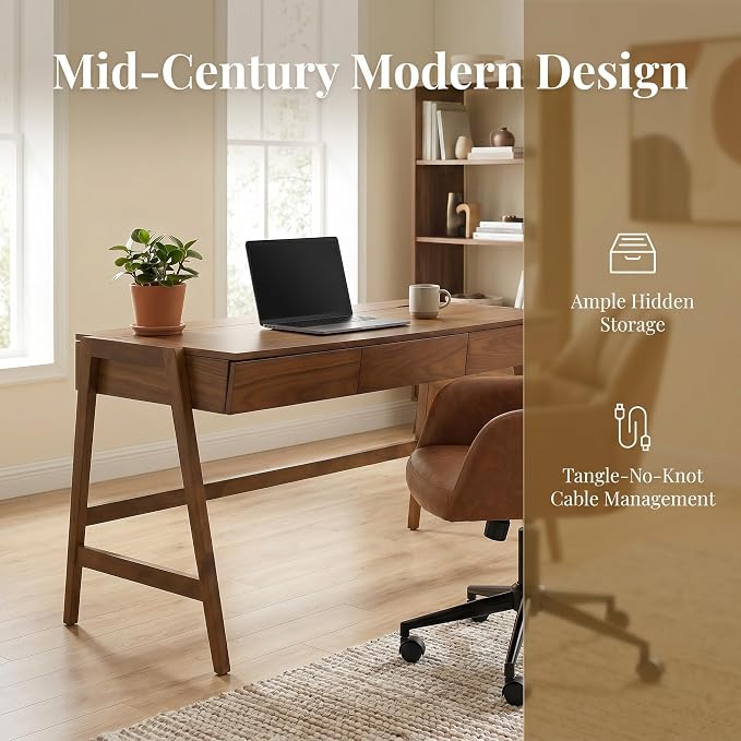 HNY 59 Inches Walnut Wooden Writing Desk with 3 Drawers, Computer Study Table with MDF Top, Solid Rubberwood Legs and Hidden Cable Management Holes, Corner Makeup Vanity Desk for Home Office, Bedroom
