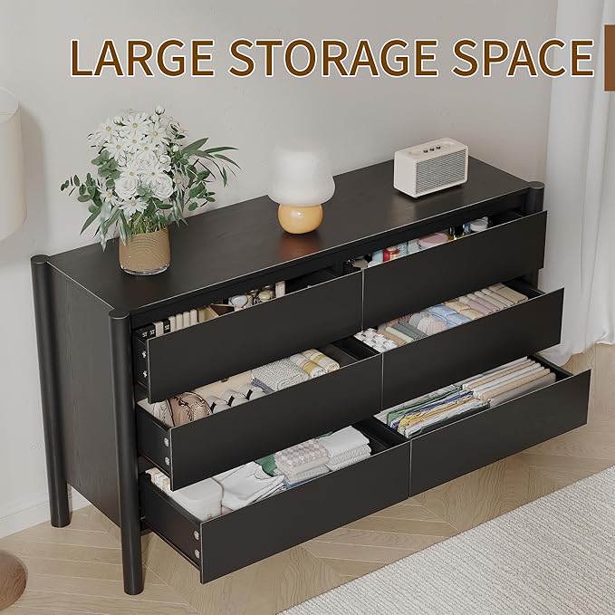 CHUWELL Dresser for Bedroom, 47" Wide Mid Century Chest of Drawers with 6 Large Storage Space and 4 Solid Wood Cylindrical Legs (Black)