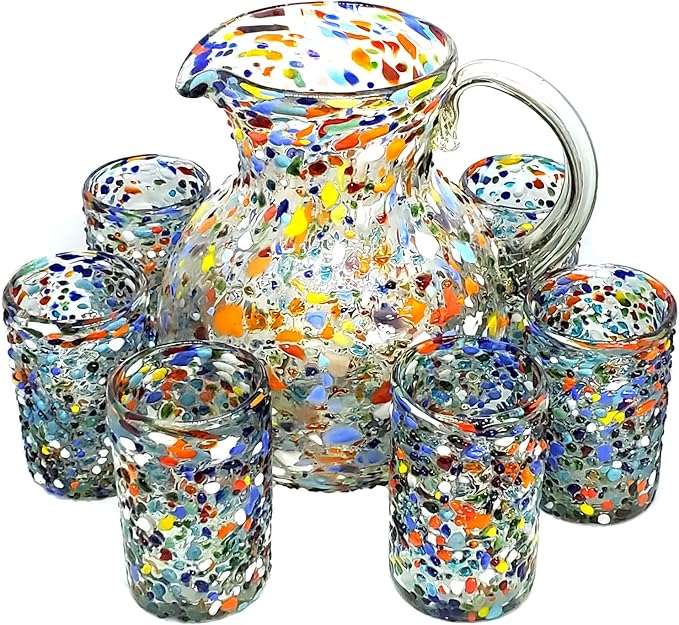 Confetti Rocks 120 oz Pitcher and 6 Drinking Glasses set, Recycled Glass, Lead-free, Toxin-Free (Pitcher & Glasses)