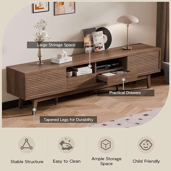 TOLEAD 70" TV Console with Fluted Sliding Doors, Mid Century Modern TV Stand for 55/65/75 Inch TV, Low Profile, Boho Media Console Credenza for Living Room, Walnut